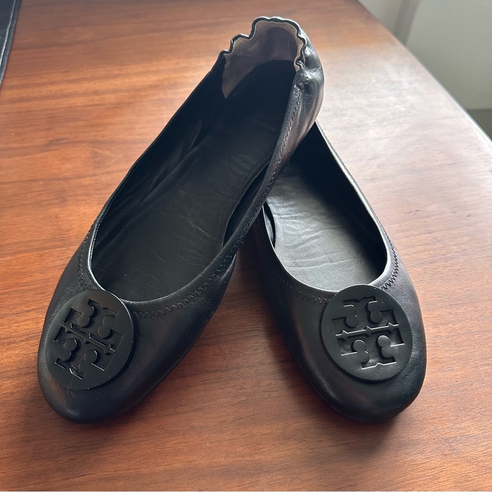 Tory Burch Reva Black Leather Flats with Medallion Logo